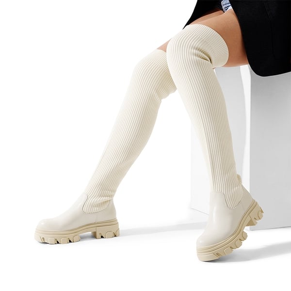 Knitted Lug Sole Over-The-Knee Boots - BEIGE - 1
