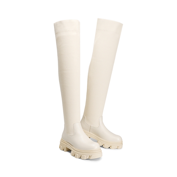 Knitted Lug Sole Over-The-Knee Boots - BEIGE - 5