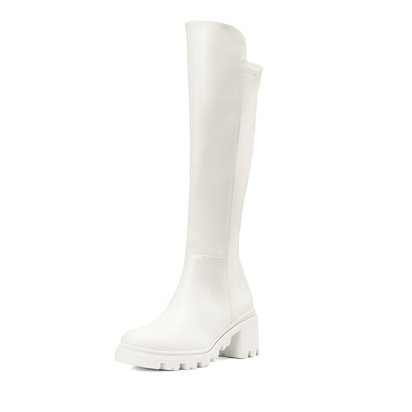 Vegan Leather Chunky Stretch Knee-High Boots - WHITE -  0