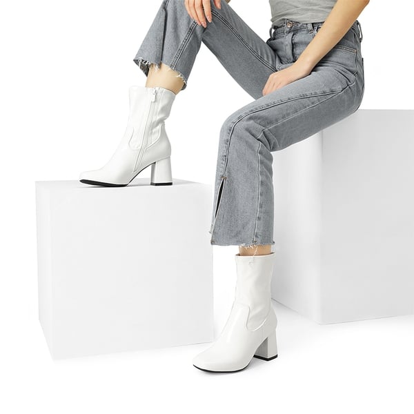 Mid Calf Square-Toe Gogo Boots - WHITE-PAT - 1