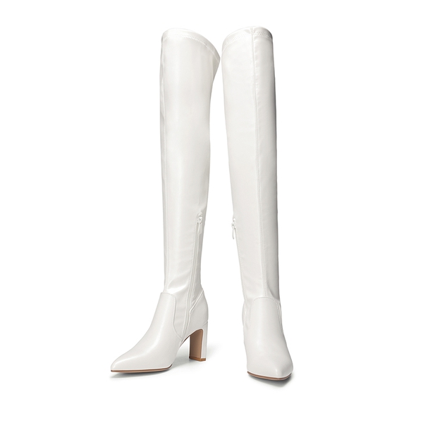 Stretch Thigh-High Boots - WHITE-PU - 4