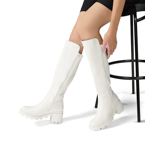 Vegan Leather Chunky Stretch Knee-High Boots - WHITE - 1