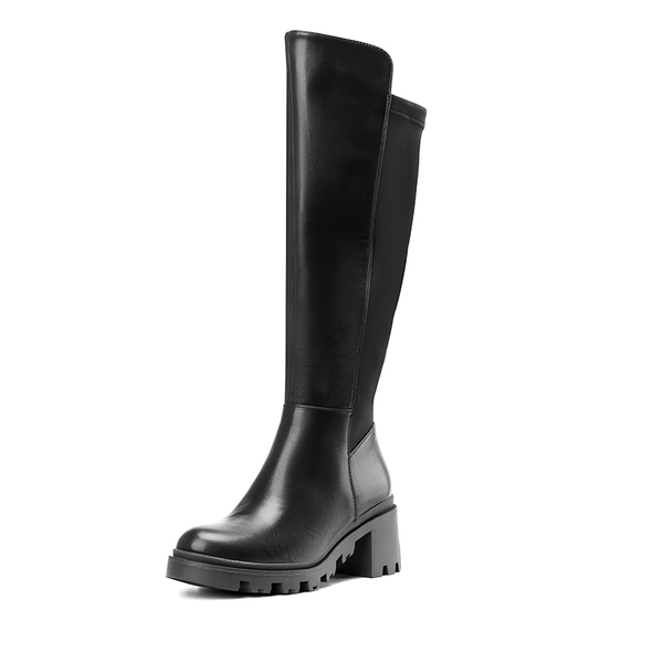 Vegan Leather Chunky Stretch Knee-High Boots - BLACK -  0