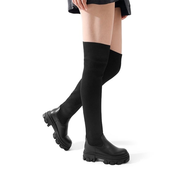 Knitted Lug Sole Over-The-Knee Boots - BLACK - 2