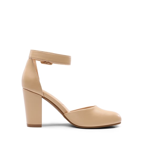 Round Toe Chunky Heel Pumps - NUDE PU - 3