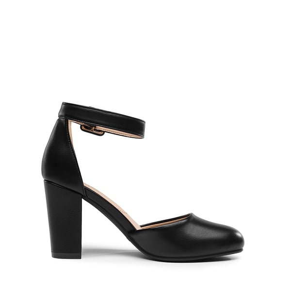 Round Toe Chunky Heel Pumps - BLACK PU - 3