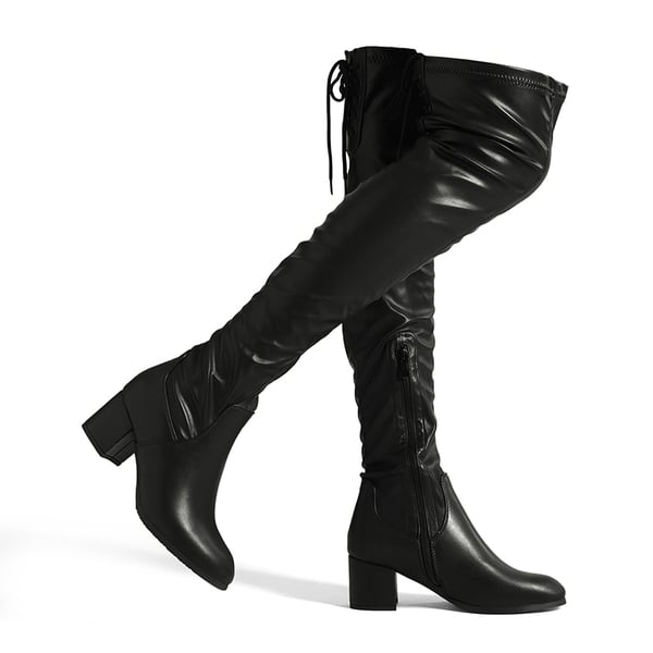 Laurence Chunky Heel Thigh High Boots - BLACK PU -  0