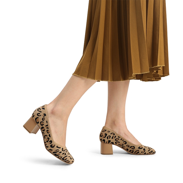Square Toe Block Heel Knit Pumps - LEOPARD - 1