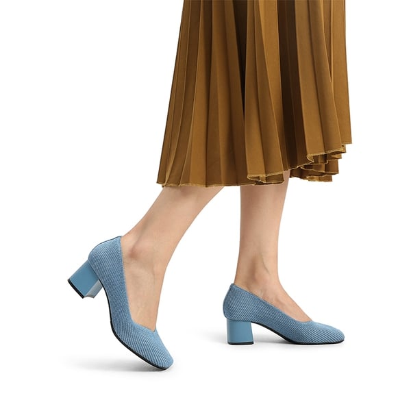 Square Toe Block Heel Knit Pumps - DENIM BLUE - 1