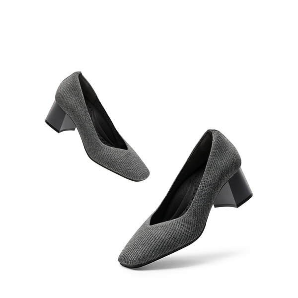 Square Toe Block Heel Knit Pumps - FLOWER GREY - 6
