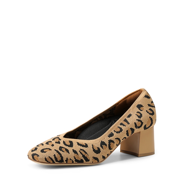 Square Toe Block Heel Knit Pumps - LEOPARD -  0
