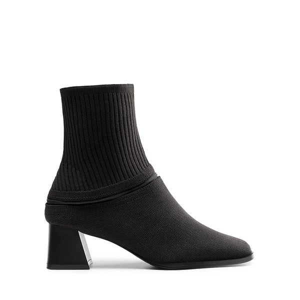 Waterproof Block Heel Knit Ankle Boots - BLACK - 3