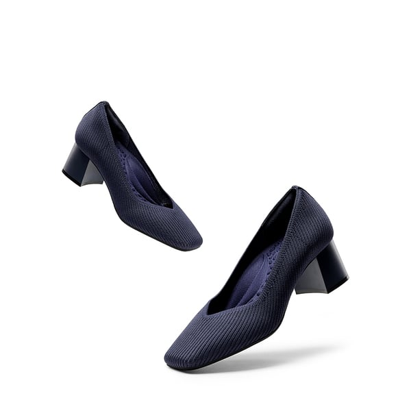 Square Toe Block Heel Knit Pumps - NAVY - 6
