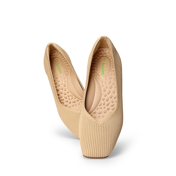 Square Toe Block Heel Knit Pumps - BEIGE - 5