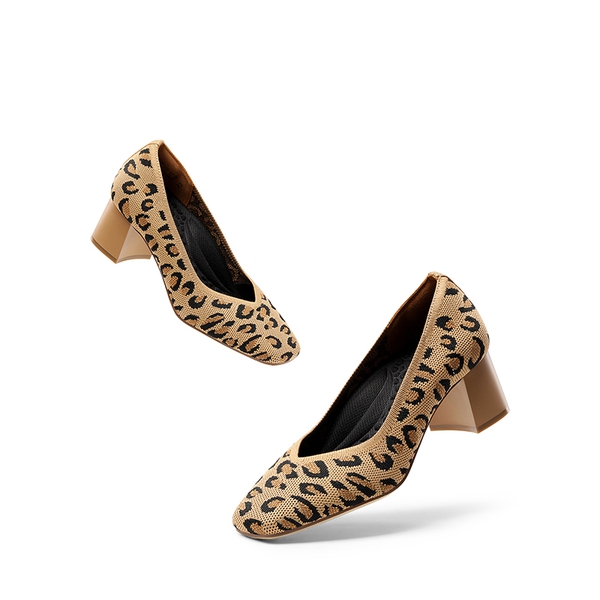 Square Toe Block Heel Knit Pumps - LEOPARD - 6