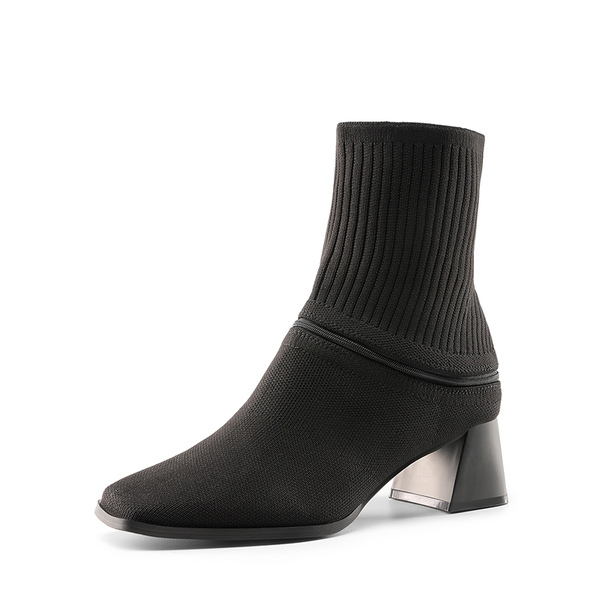 Waterproof Block Heel Knit Ankle Boots - BLACK -  0