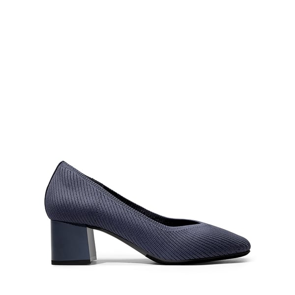Square Toe Block Heel Knit Pumps - NAVY - 2