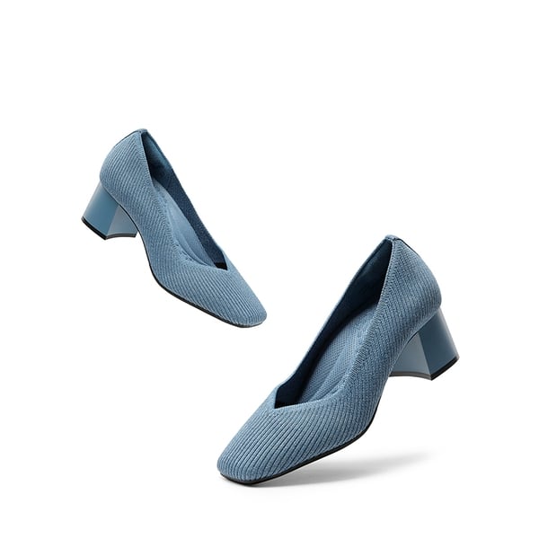 Square Toe Block Heel Knit Pumps - DENIM BLUE - 6