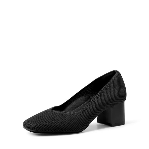 Square Toe Block Heel Knit Pumps - BLACK -  0
