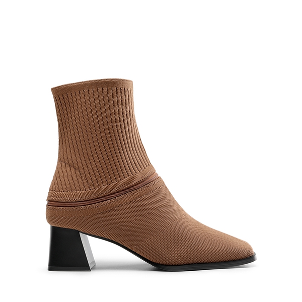 Waterproof Block Heel Knit Ankle Boots - BROWN - 3
