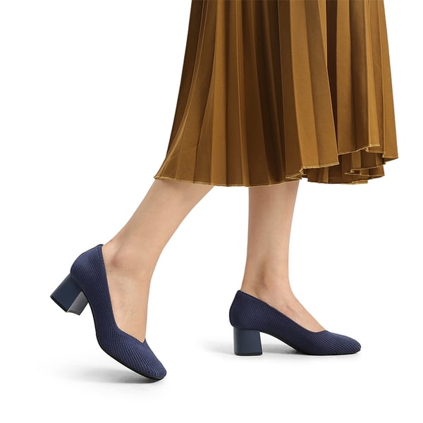 Square Toe Block Heel Knit Pumps - NAVY - 1