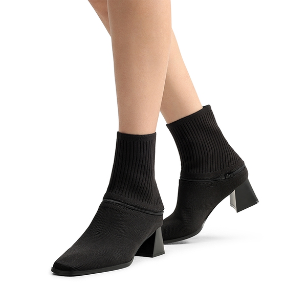 Waterproof Block Heel Knit Ankle Boots - BLACK - 1
