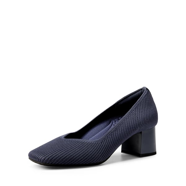 Square Toe Block Heel Knit Pumps - NAVY -  0