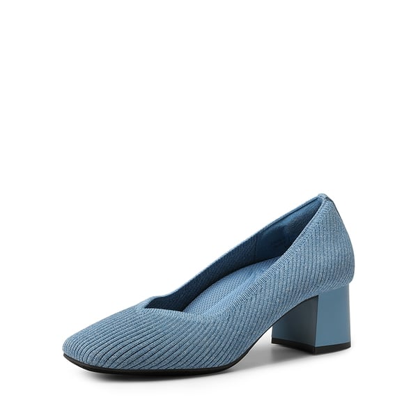 Square Toe Block Heel Knit Pumps - DENIM BLUE -  0