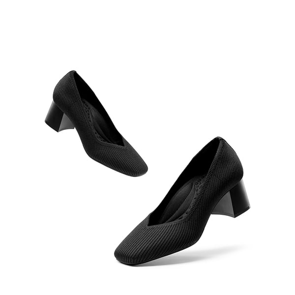 Square Toe Block Heel Knit Pumps - BLACK - 6