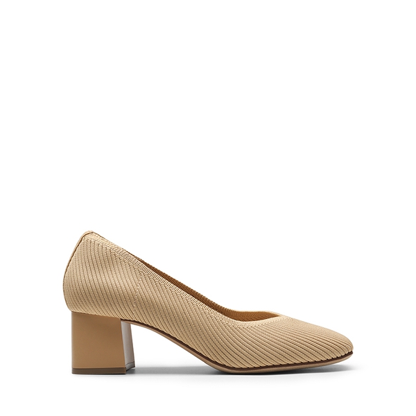 Square Toe Block Heel Knit Pumps - BEIGE - 2