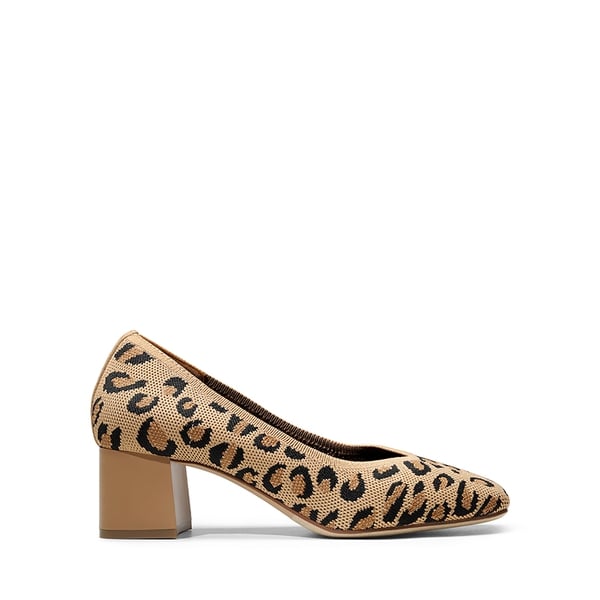 Square Toe Block Heel Knit Pumps - LEOPARD - 2