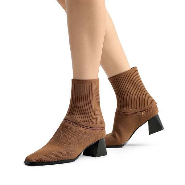 Waterproof Block Heel Knit Ankle Boots - BROWN - 1