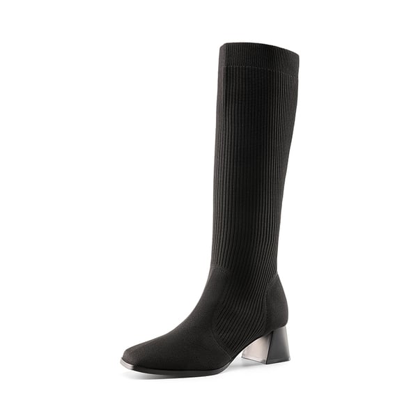 Water-Resistant Block Heel Knee High Boots - BLACK -  0