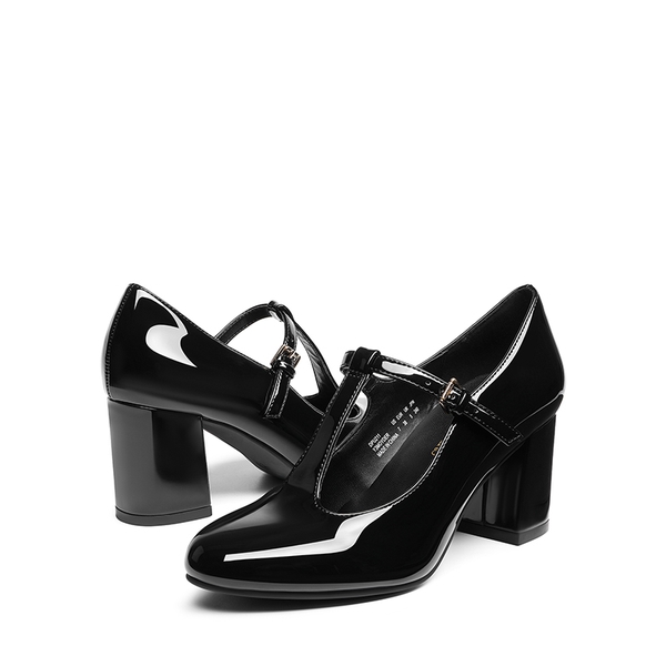 T-Strap Mary Jane Pumps with Chunky Heel - BLACK PAT - 3