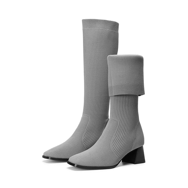 Water-Resistant Block Heel Knee High Boots - GREY - 3
