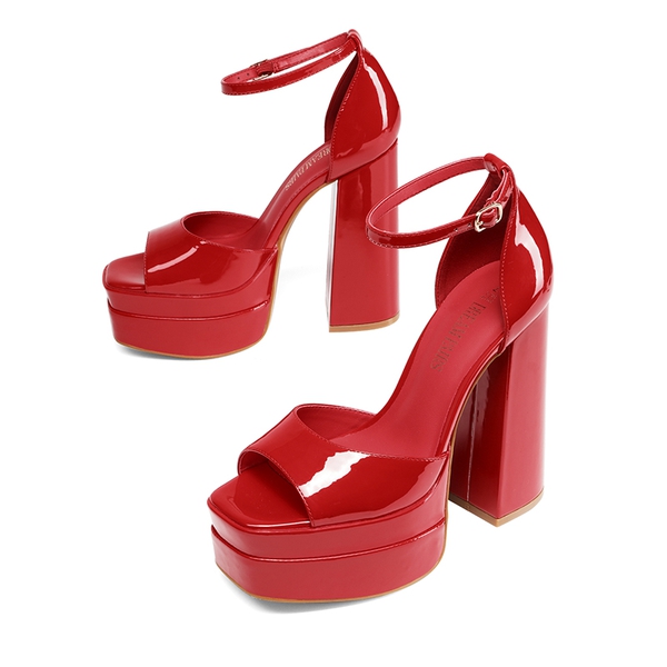 Square Toe Platform Chunky Heel Sandals - RED PAT - 4