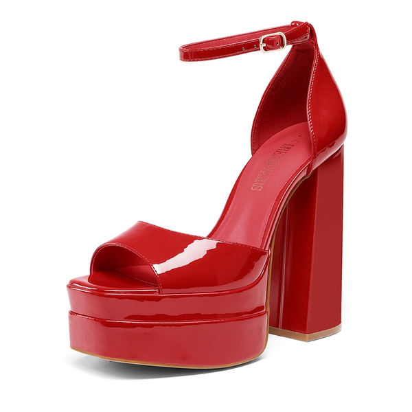 Square Toe Platform Chunky Heel Sandals - RED PAT -  0
