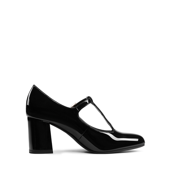 T-Strap Mary Jane Pumps with Chunky Heel - BLACK PAT - 1