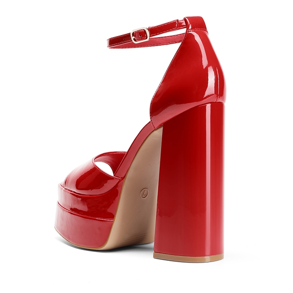 Square Toe Platform Chunky Heel Sandals - RED PAT - 3