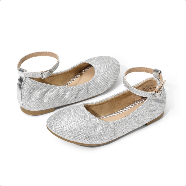 Girls Ankle-Strap Ballerina Flat Shoes - SILVER GLITTER - 1