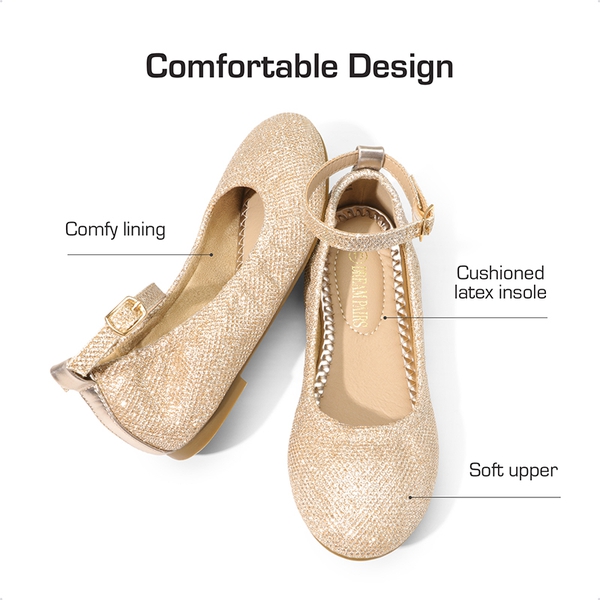 Girls Ankle-Strap Ballerina Flat Shoes - GOLD GLITTER - 2
