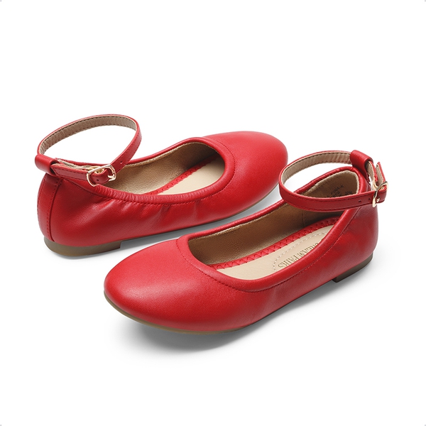 Girls Ankle-Strap Ballerina Flat Shoes - RED - 4