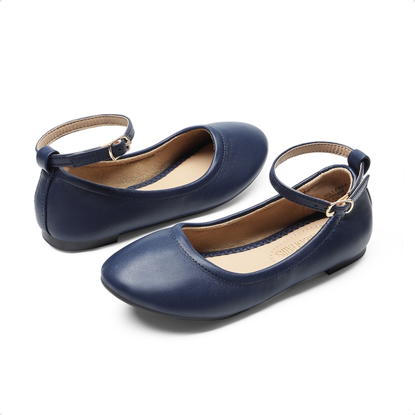 Girls Ankle-Strap Ballerina Flat Shoes - NAVY - 4