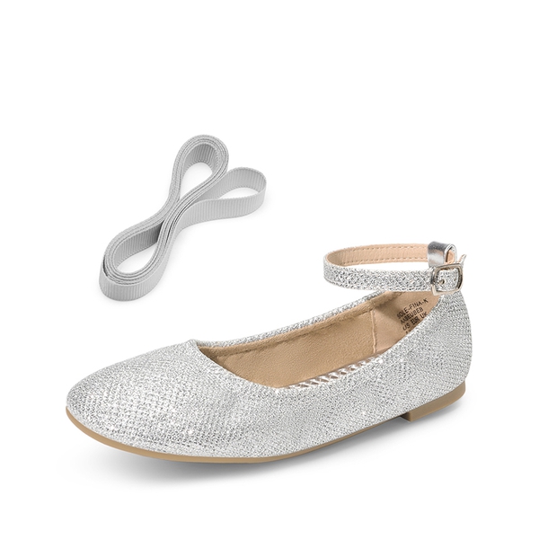 Girls Ankle-Strap Ballerina Flat Shoes - SILVER GLITTER - 4