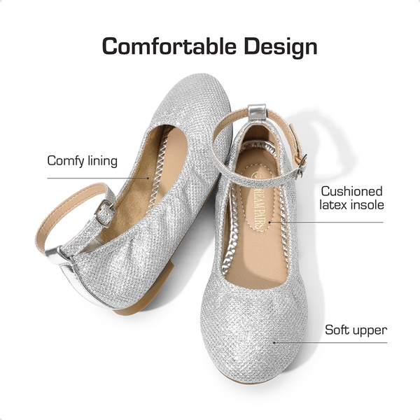 Girls Ankle-Strap Ballerina Flat Shoes - SILVER GLITTER - 5