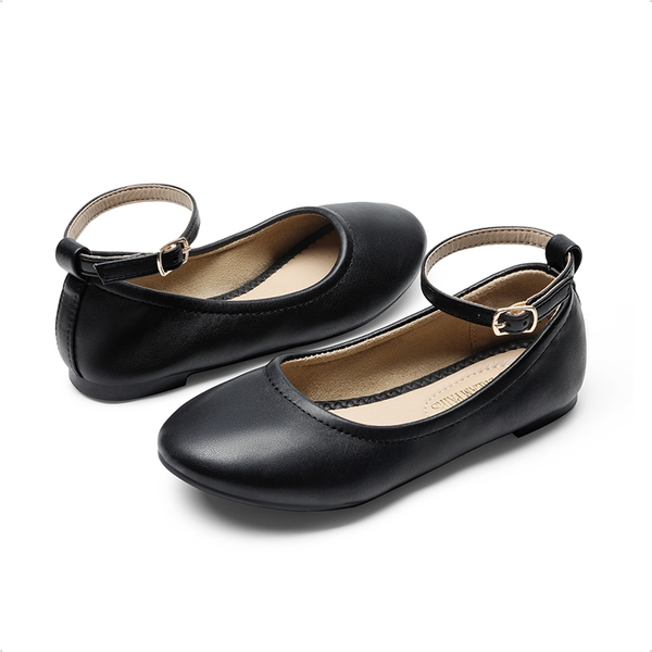 Girls Ankle-Strap Ballerina Flat Shoes - BLACK - 4