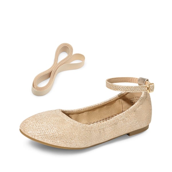 Girls Ankle-Strap Ballerina Flat Shoes - GOLD GLITTER - 5