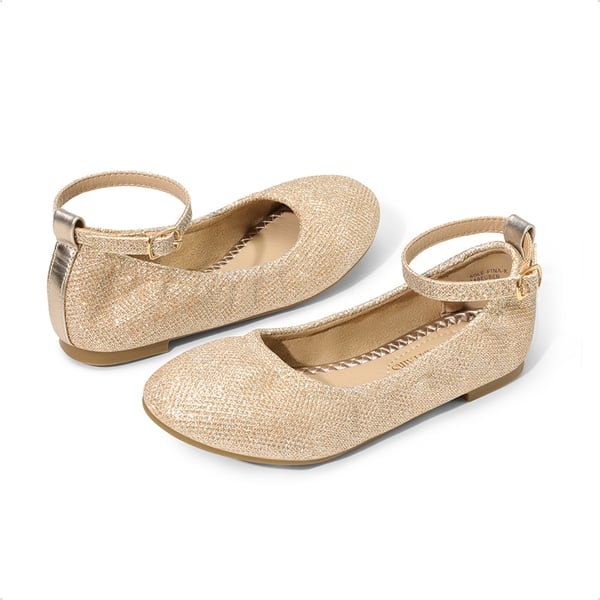 Girls Ankle-Strap Ballerina Flat Shoes - GOLD GLITTER - 4