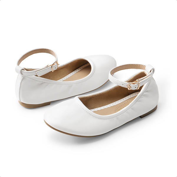 Girls Ankle-Strap Ballerina Flat Shoes - WHITE - 4