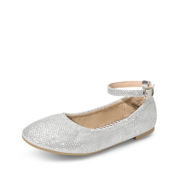 Girls Ankle-Strap Ballerina Flat Shoes - SILVER GLITTER -  0
